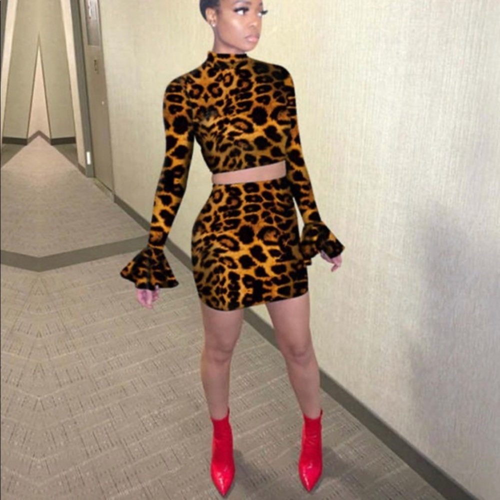 Leopard Flare Wide Long Bell Sleeve Skirt Set Animal print